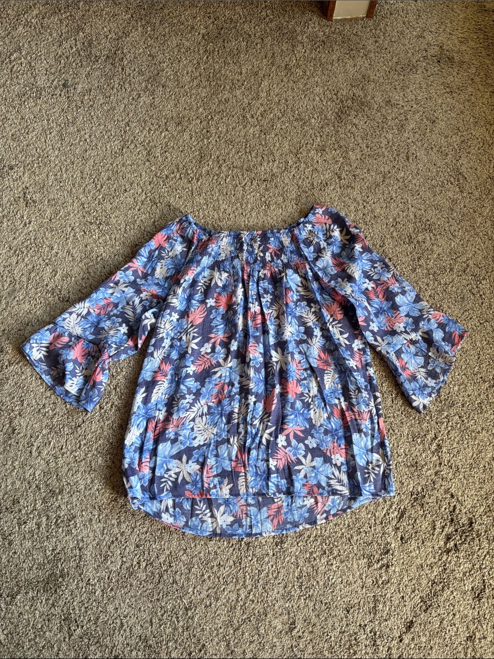 Counterparts Blue Floral Off-Shoulder Bell Sleeve Top L